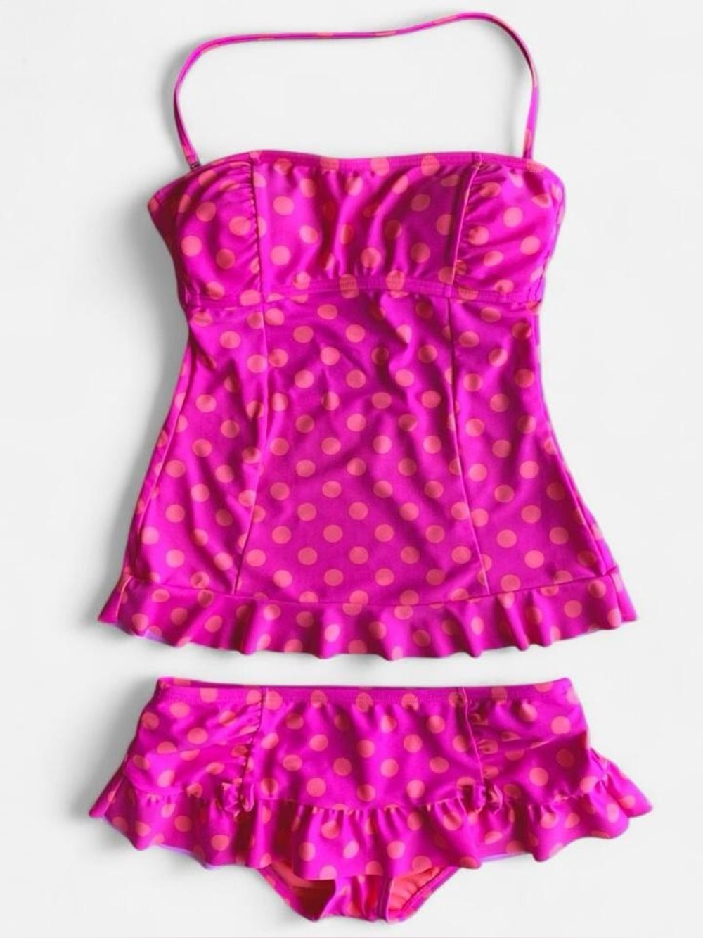 Bright Pink Orange Polka Dot Tankini Set Ruffle Halter Swimwear Retro Summer M
